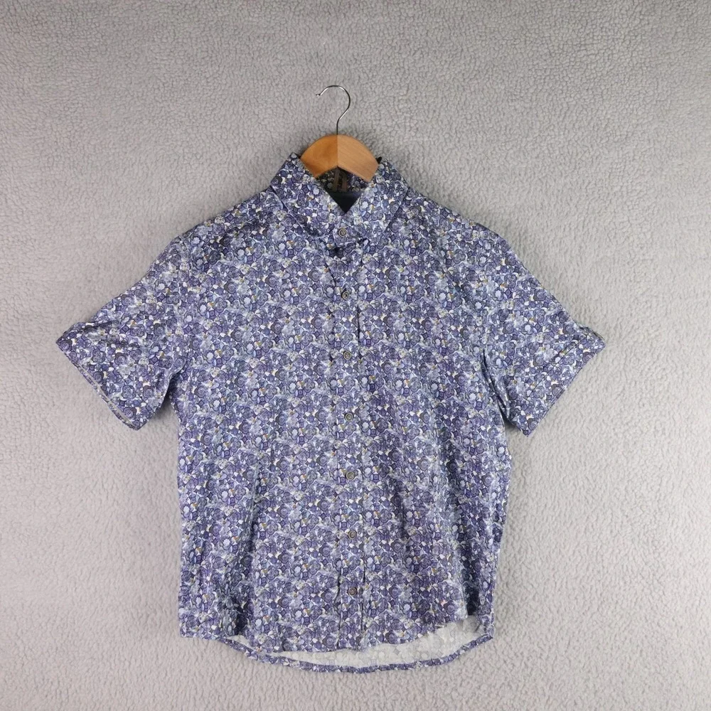 Robert Graham Modern Americana Men Blue Mosaic Tile Print SS Button Down Shirt M